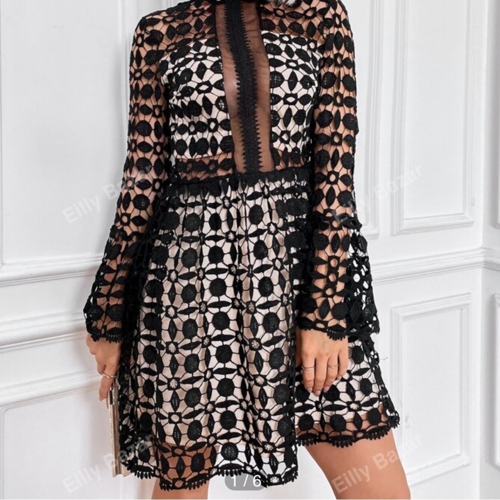 Bogo Eilly Bazar Solid Contrast Lace Hollow Out Bell Sleeve Mock Neck Dress Sz L